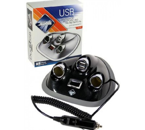 Разветвитель прикуривателя 2 гнезда+2USB-порта, 2100мА, Nova Bright-fusion