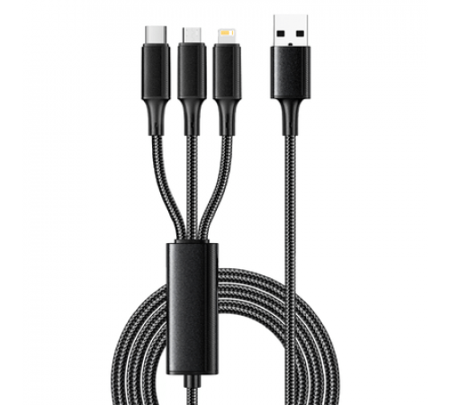 Кабель USB 3в1 Type-С (6A), Lightning (2,4A), micro USB (3A) 1,2м, в черной оплетке REXANT
