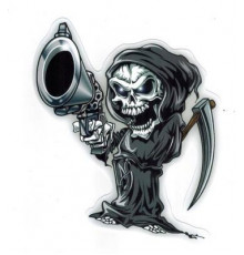 Наклейка Череп с косой  и пистолетом 11х15см