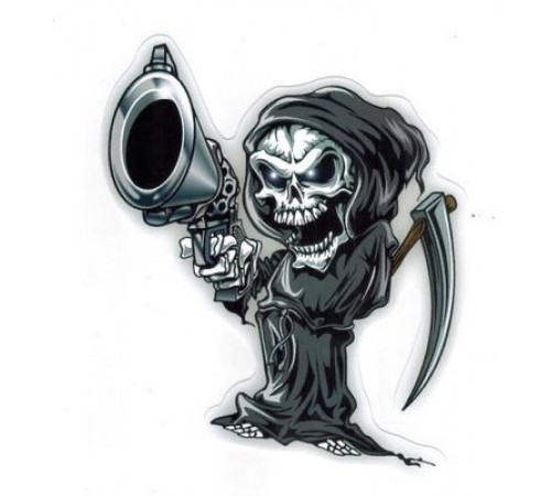 Наклейка Череп с косой  и пистолетом 11х15см