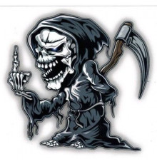 Наклейка Череп с косой  и пальцем 14,5х15см