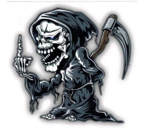 Наклейка Череп с косой  и пальцем 14,5х15см