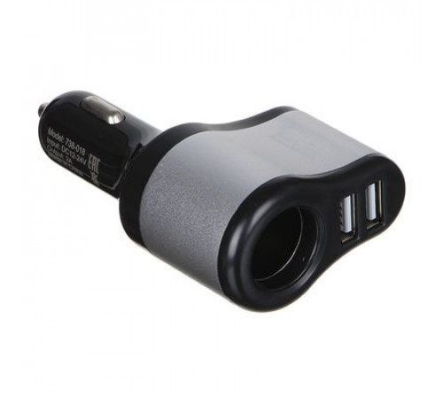 Разветвитель прикуривателя 1 гнездо + 2USB, 2А 12/24В, пластик, металл NEW GALAXY