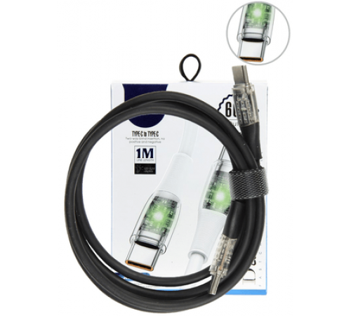 Кабель Type-C/Type-C Technoking для зарядки и синхр. мобильных устройств,LED подсветка,черный 1м