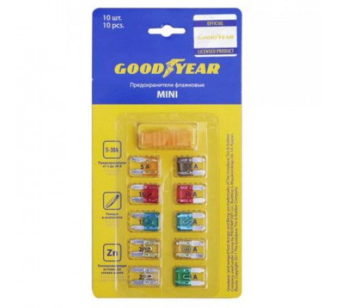 Предохранители Mini плоские с пинцетом Goodyear (5А,7,5А,10А,15А,20А,30А) 10шт