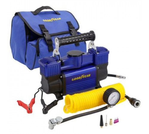 Компрессор GY-80L 80 л/мин, двухпоршневой, питание от АКБ, съемный витой шланг, сумка Goodyear