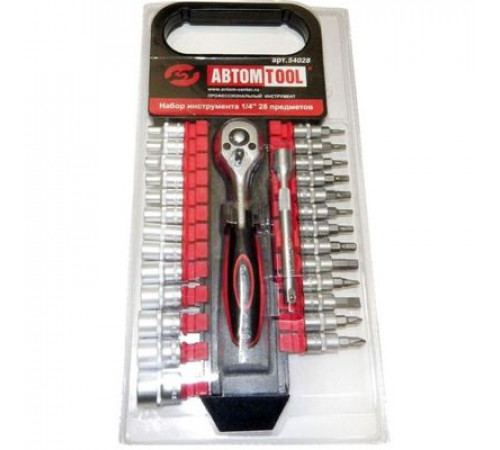 Набор инструмента 28 предм. 1/4 с трещ.+головки4-14мм+битыТ10-30,FD5:5,7мм,НЕХ3:4;5:6мм  АВТОМ TOOL,