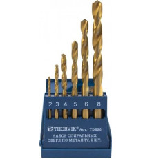 Набор спиральных сверл по металлу HSS TiN в пластиковом кейсе, d2.0-8.0 мм, 6 предметов / THORVIK