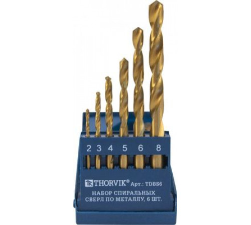 Набор спиральных сверл по металлу HSS TiN в пластиковом кейсе, d2.0-8.0 мм, 6 предметов / THORVIK