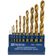 Набор спиральных сверл по металлу HSS TiN в пластиковом кейсе, d1.0-10.0 мм, 10 предметов / THORVIK