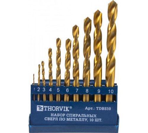 Набор спиральных сверл по металлу HSS TiN в пластиковом кейсе, d1.0-10.0 мм, 10 предметов / THORVIK