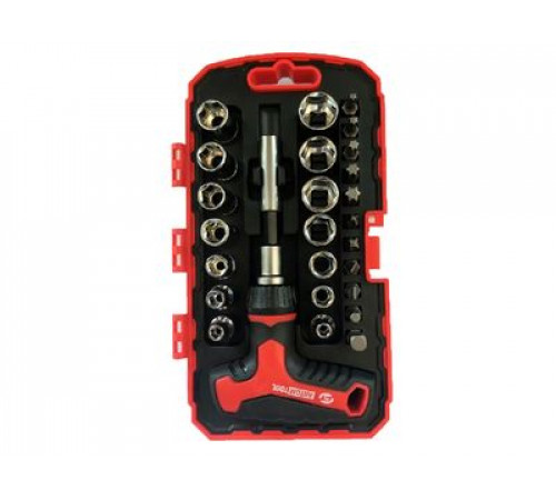 Набор головок и вставок(бит) 27пр. 1/4, Т-рукоятка с храповым механизмом CrV, пласт коробка АВТОМTOO