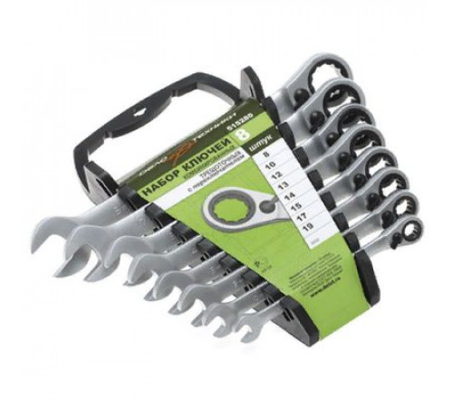 Набор ключей комб. трещоточных с переключателем 08 шт. (8,10,12,13,14,15,17,19мм) пластик. холдер ДТ