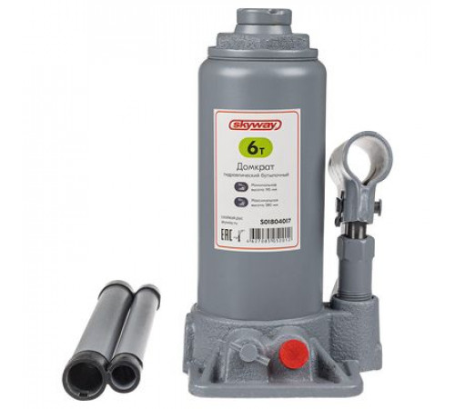Домкрат гидравлический бутылочный SKYWAY с клапаном  6т h 195-380мм в коробке+сумка