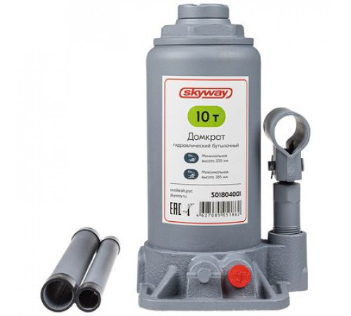 Домкрат гидравлический бутылочный SKYWAY с клапаном 10т h 200-385мм в коробке+сумка