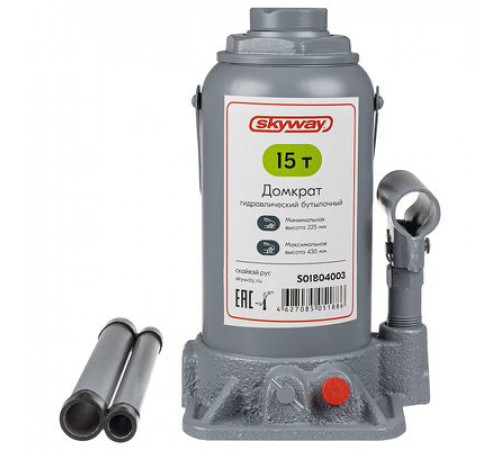 Домкрат гидравлический бутылочный SKYWAY с клапаном 15т h 225-430мм в коробке+сумка