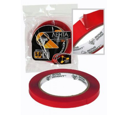 Скотч двусторонний Nova Bright 12мм х 5м красный+прозрачный(акрил основа)