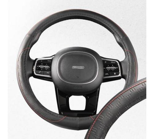 Оплетка экокожа M (37-39 см) SKYWAY Design Art-3 Черная, красная строчка