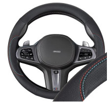 Оплетка экокожа M (37-39 см) SKYWAY Design Bavaria-2 Черная, красная/голубая строчка