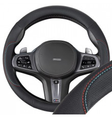 Оплетка экокожа M (37-39 см) SKYWAY Design Bavaria-2 Черная, красная/голубая строчка