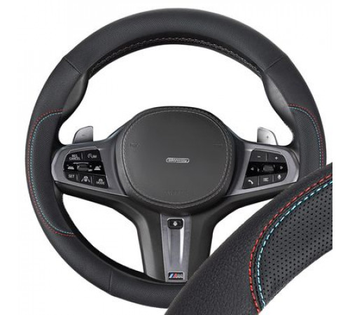 Оплетка экокожа M (37-39 см) SKYWAY Design Bavaria-2 Черная, красная/голубая строчка