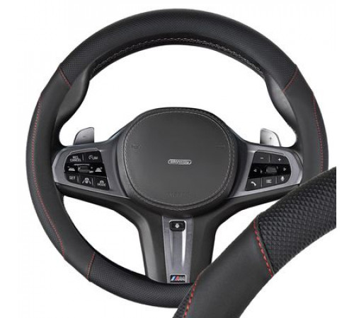 Оплетка экокожа M (37-39 см) SKYWAY Design Combo-15 Черная, красная строчка