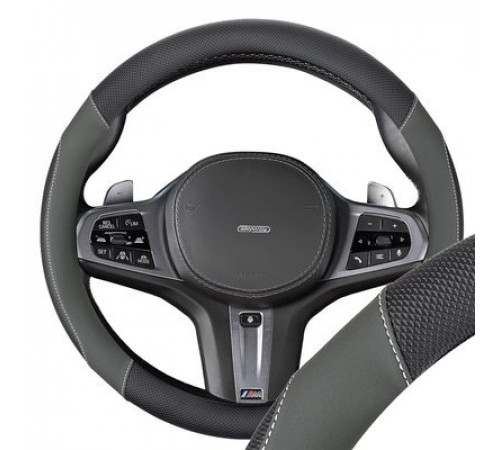 Оплетка экокожа M (37-39 см) SKYWAY Design Combo-15 Черная/серая, серая строчка