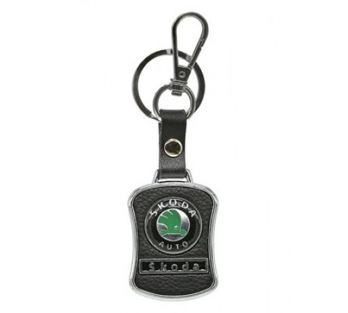 Брелок металл,кожа Шкода 3,8*7 см черный  логотип c надписью на подвеске