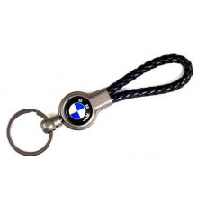 Брелок металл, кожа БМВ черный на подвеске13,5*3 см