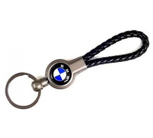 Брелок металл, кожа БМВ черный на подвеске13,5*3 см