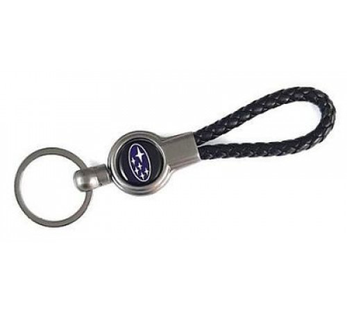 Брелок металл, кожа Субару черный на подвеске 13,5*3 см