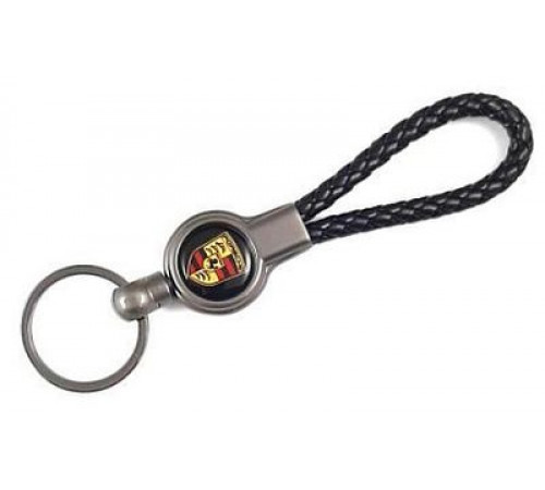 Брелок металл, кожа Порш черный на подвеске 13,5*3 см