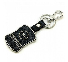 Брелок металл,кожа Опель 3,8*7 см черный  логотип c надписью на подвеске