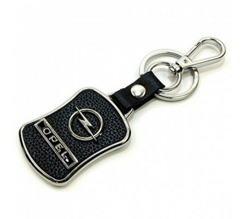 Брелок металл,кожа Опель 3,8*7 см черный  логотип c надписью на подвеске
