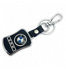 Брелок металл,кожа БМВ 3,8*7 см черный  логотип c надписью на подвеске