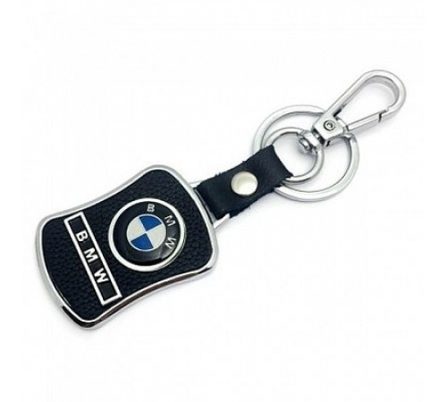 Брелок металл,кожа БМВ 3,8*7 см черный  логотип c надписью на подвеске
