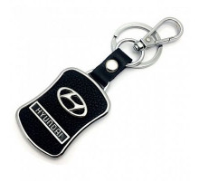 Брелок металл,кожа Хендай 3,8*7 см черный  логотип c надписью на подвеске