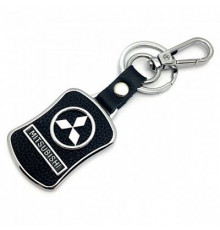 Брелок металл,кожа Митсубиси 3,8*7 см черный  логотип c надписью на подвеске