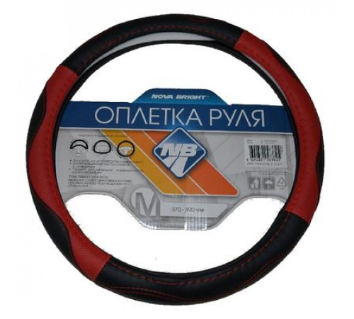 Оплетка на руль Nova Bright-fusion М экокожа,черная с красными перф. вставками,красн.строчка
