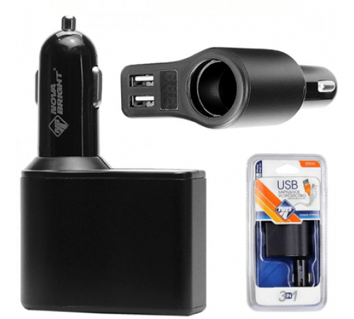 Зарядное устройство Nova Bright  для моб.устр.+ разветв. электропит,1 гнездо+ 1 USB-порта,2100мА