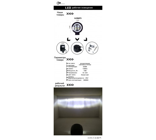 Фара для автомобиля G0029 12/24V 71x71мм 14,5W 2 CREE чипа